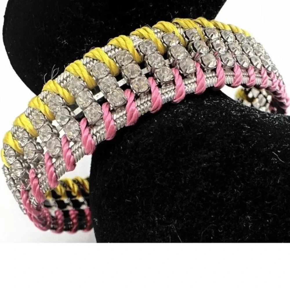 LOFT‎ Woven Rhinestone Cord Bracelet Silver Tone Pink Yellow Magnetic Clasp J-01